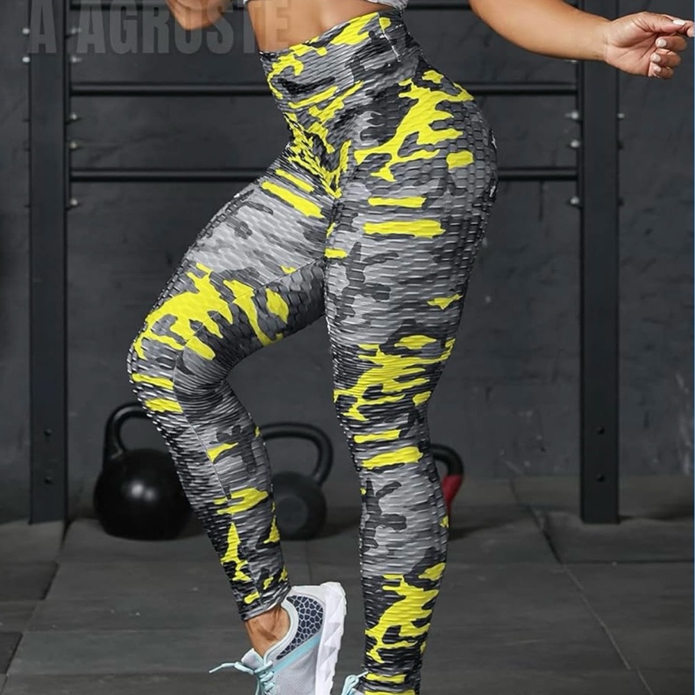 High-Waist Camo Textured Leggings in Yellow & Gray - Women's Activewear